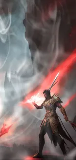 Epic warrior wields glowing red swords in a mystical fantasy scene.