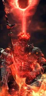 Fantasy warrior in molten red light with fiery effects.