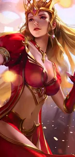 Epic fantasy warrior in red armor, dynamic and fierce.