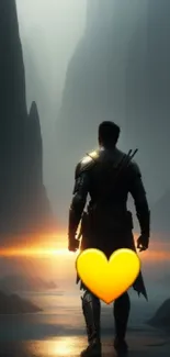 Silhouetted warrior at sunset with glowing horizon, perfect for fantasy-themed mobile wallpaper.