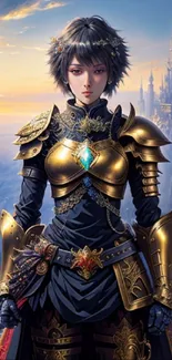 Fantasy warrior in golden armor with mystical castle in background.