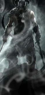 Epic fantasy warrior in smoke with dark background.