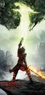 Epic warrior facing creatures in a fantasy scene with a fiery sword.