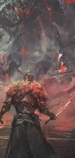 Epic fantasy warrior stands before a giant, amidst fiery ruins.