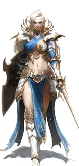 Epic female warrior in blue armor with a sword, fantasy art wallpaper.