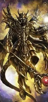 Epic fantasy warrior in golden armor with cosmic backdrop.