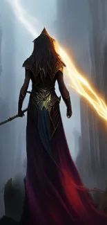 Fantasy warrior with glowing spear in mystical forest.