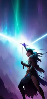 Fantasy warrior with mystical background and vibrant light beams.