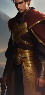 Fantasy warrior with golden armor and red cape against a mountain backdrop.