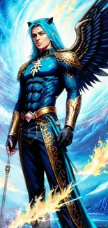 Epic fantasy warrior with wings and blue background mobile wallpaper.