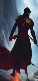 Epic fantasy warrior with sword and red cape on mountain.