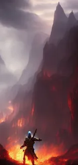 Epic fantasy warrior in lava-lit landscape with dark cliffs.