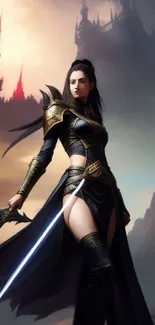 Epic female warrior in dark fantasy setting.