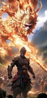 Epic fantasy scene with a warrior and fiery creature set against a bright landscape.