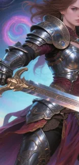 Fantasy warrior with armor and sword, in a mystical background.