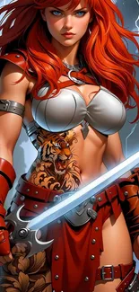 Fantasy warrior with sword and red hair in detailed armor.