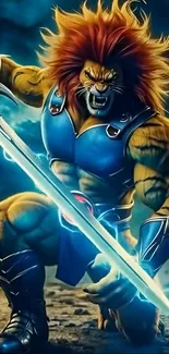 Epic warrior with glowing sword and feline features in vibrant colors.