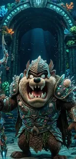Fantasy warrior creature with trident in mystical underwater setting.