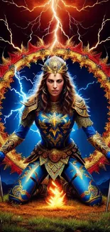 Fantasy warrior with vibrant armor, electric backdrop.