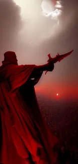 Shadowy warrior with sword in red sky fantasy scene.