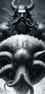 Epic warrior with octopus in grayscale fantasy artwork.