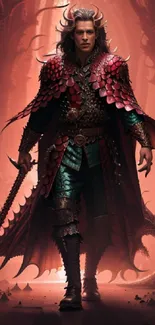 Fantasy warrior in red dragon-scale armor with an epic backdrop.