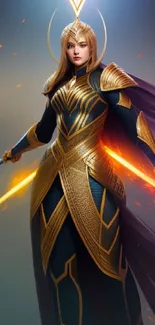 Epic female warrior with golden armor and swords in a mythic setting.