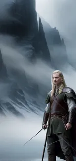 Epic fantasy warrior standing in misty mountains.