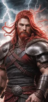 Epic fantasy warrior with red hair and armor under a stormy sky.