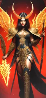 Epic fantasy warrior with golden wings and fiery background wallpaper.