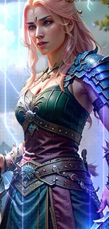 Epic fantasy warrior woman in armor with magical background.