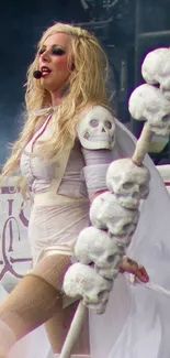 Fantasy warrior woman in white armor with skull motifs.