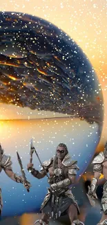 Epic scene of fantasy warriors and mystical orb at sunset.