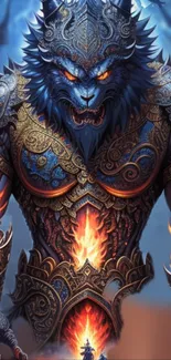 Epic fantasy werewolf with fiery armor on a mobile wallpaper.