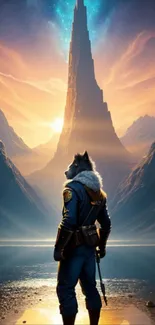 Fantasy wolf stands before a majestic mountain under a galaxy sky.