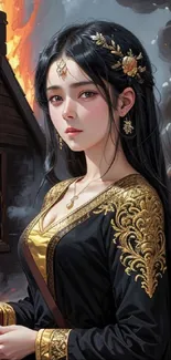 Fantasy woman in gold and black gown with fiery background.