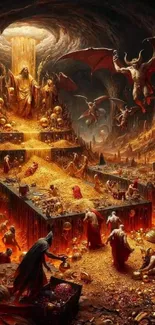 Fantasy hellscape with mystical creatures and fiery scenery.