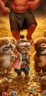 Three cats dressed in costumes stand on gold coins with a red figure behind.