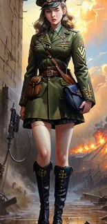 Epic female soldier standing in a dramatic, fiery battlefield scene.