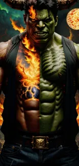 Fiery and green warrior split-image wallpaper for mobile screens.