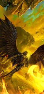 Epic angel wallpaper with fiery wings and golden flames in a fantasy setting.