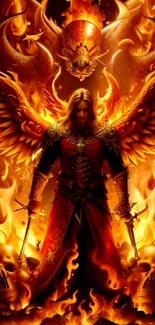 Fiery angel stands amidst fire and skulls with epic wings.