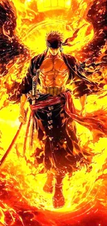 Anime warrior engulfed in vibrant flames.