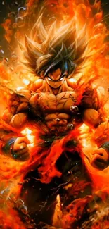 Fiery anime warrior surrounded by flames in striking artwork.