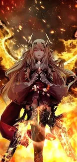 Anime warrior surrounded by intense flames in dynamic artwork.