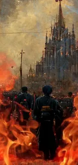 Epic scene of a castle and soldiers in flames.