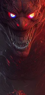 Fiery demon with glowing eyes in dark art wallpaper.