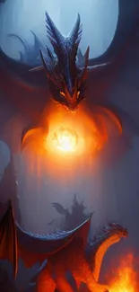 Majestic dragon with fiery glow in a mystical cave setting.