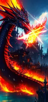 Fiery dragon in a fantasy landscape with vibrant flames and dark castles.