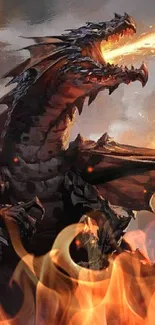 Epic dragon breathing fire in a fiery fantasy scene.